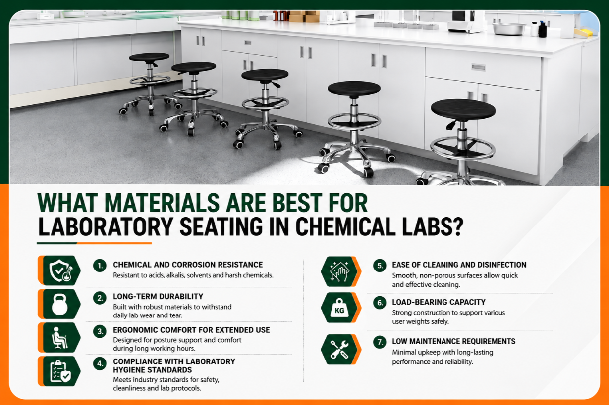 Infographic detailing chemical resistant laboratory seating material selection criteria including stainless steel lab stools, corrosion resistance, and hygiene compliance for chemical labs.